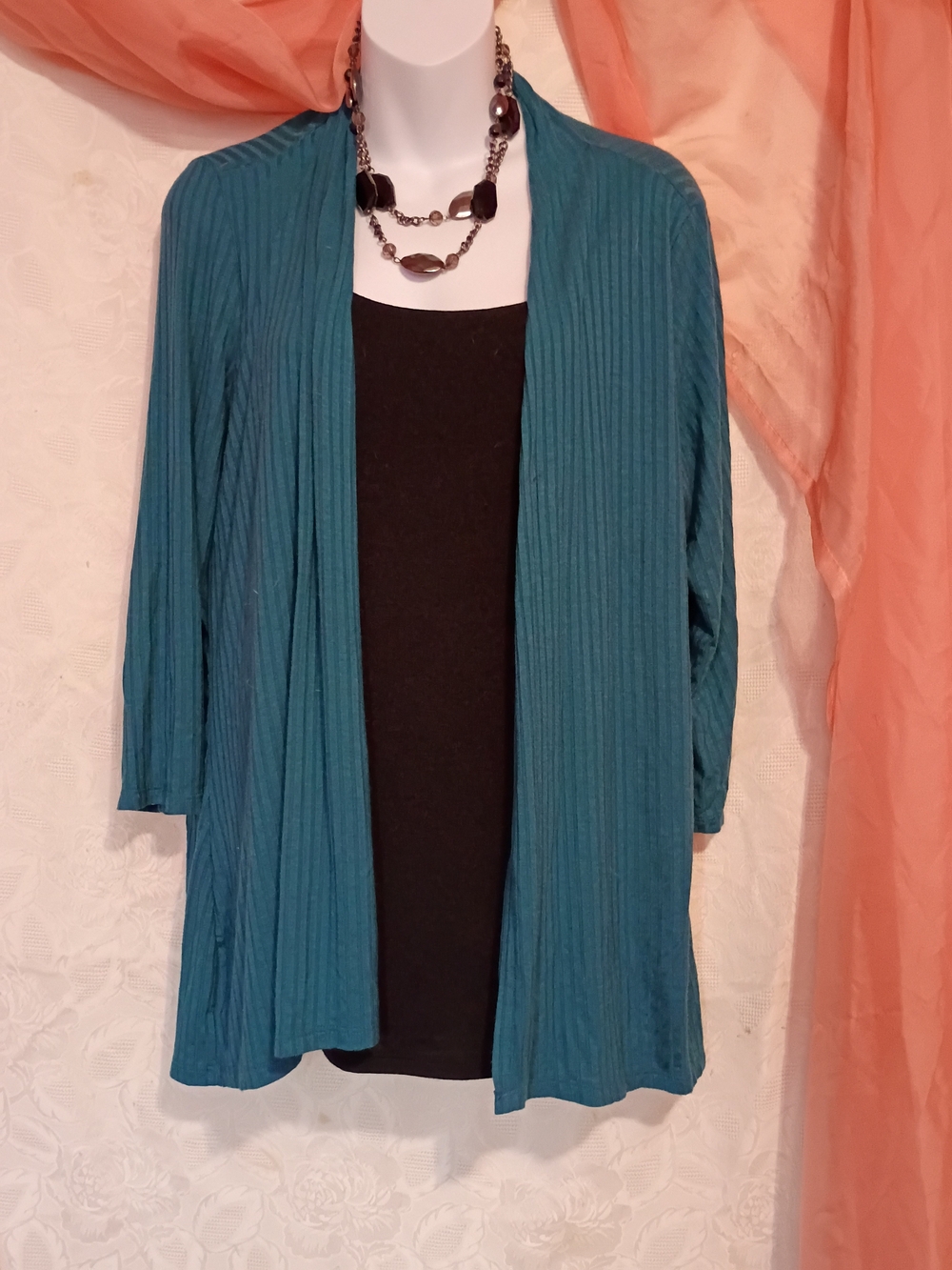Rebecca Malone Ladies Teal Ribbed Cardigan & Black Top Sz Sm
